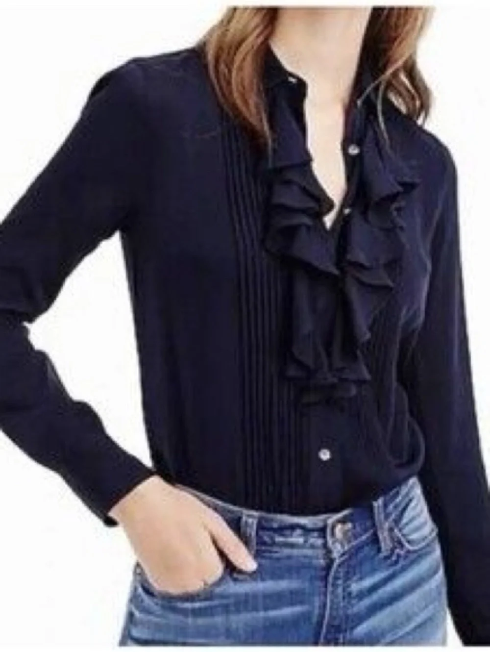 J.Crew long-sleeve ruffle-front tuxedo-style silk-blend blouse in navy blue - 4